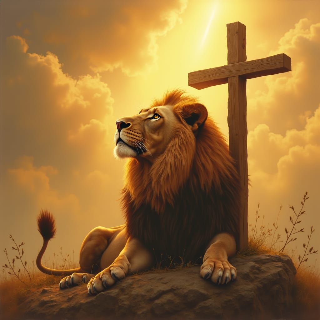 Lion Gazing at Cross Under Golden Sky