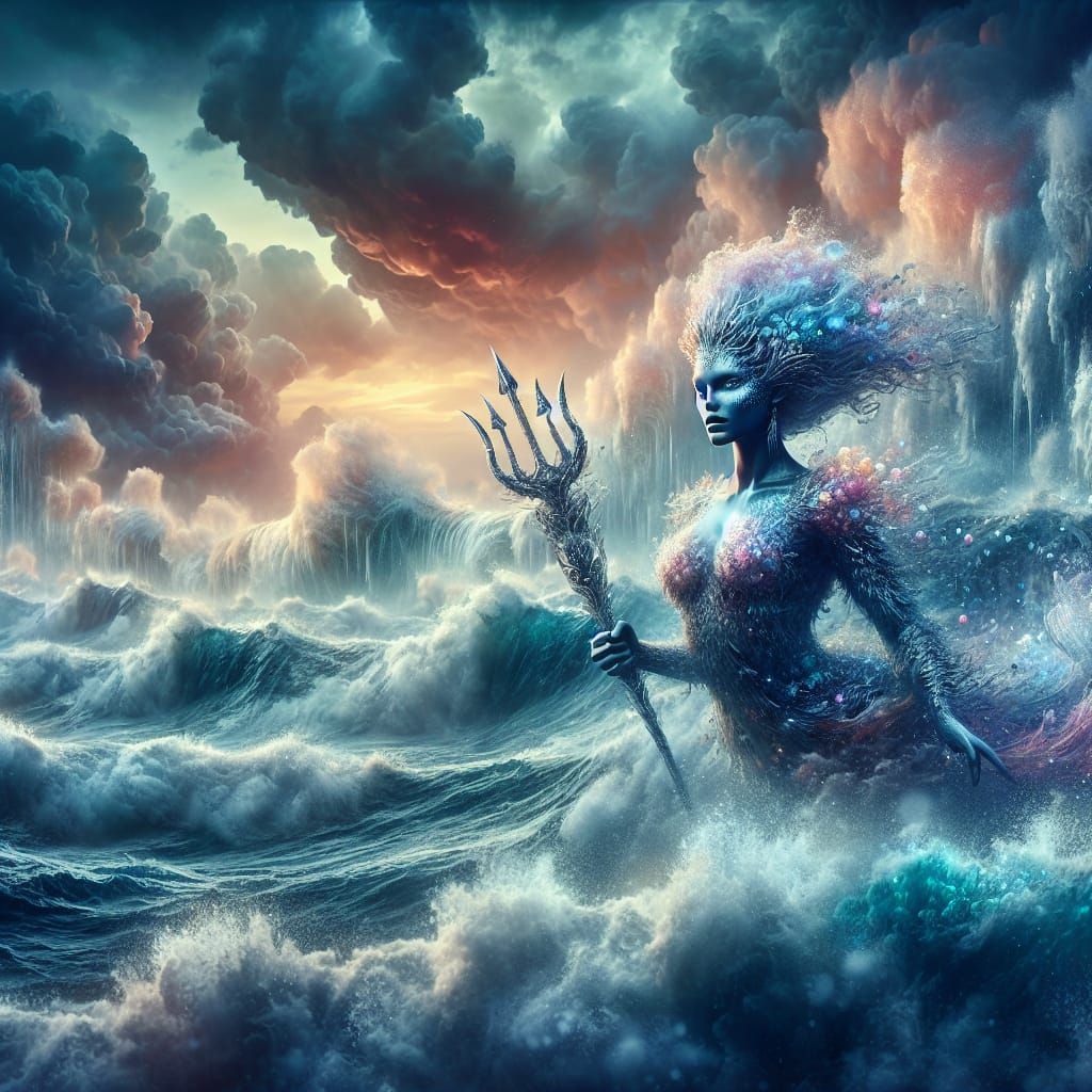 Mermaid with Trident in Stormy Ocean
