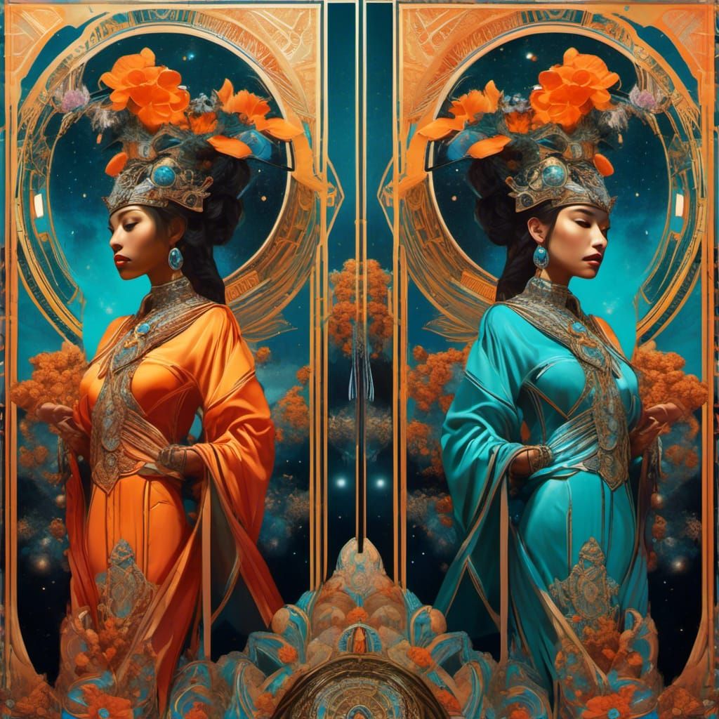 Native Woman Diptych with Celestial Galactic Background