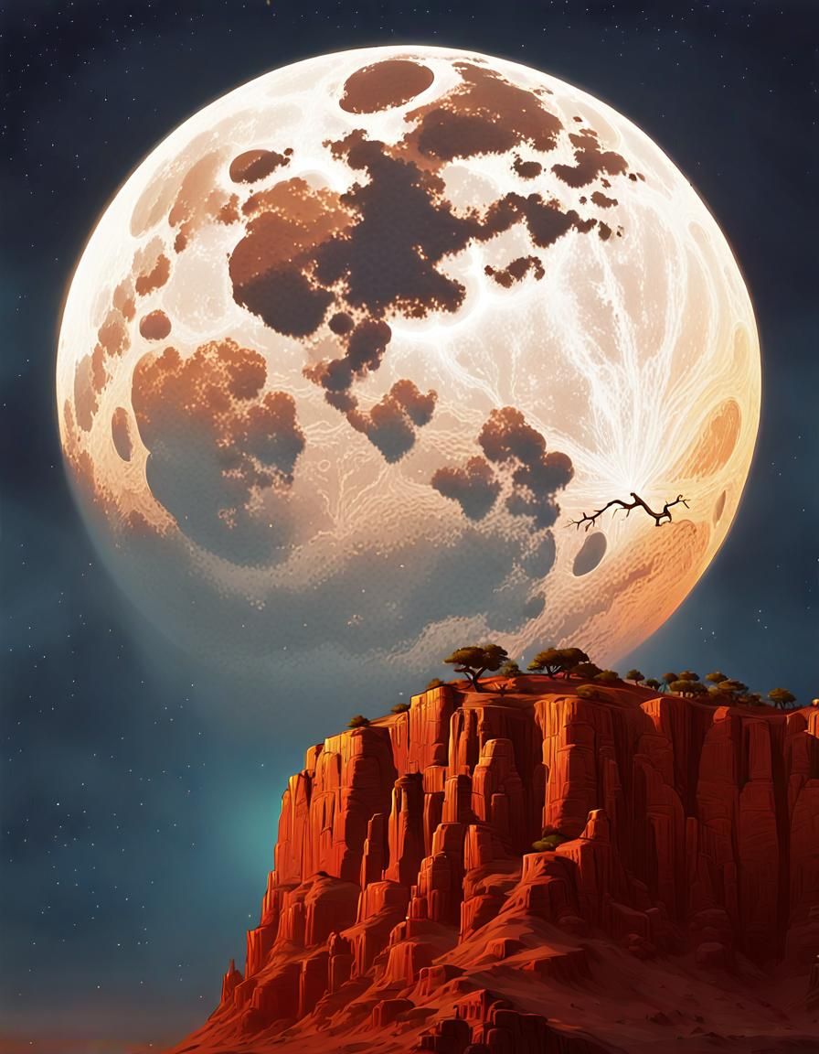 Orange Moon Over Cliff: Digital Matte Painting