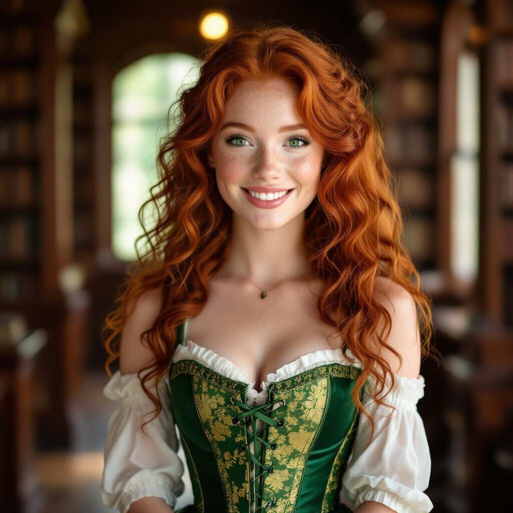 Friendly Redhead Woman in Green and Gold Corset in Library