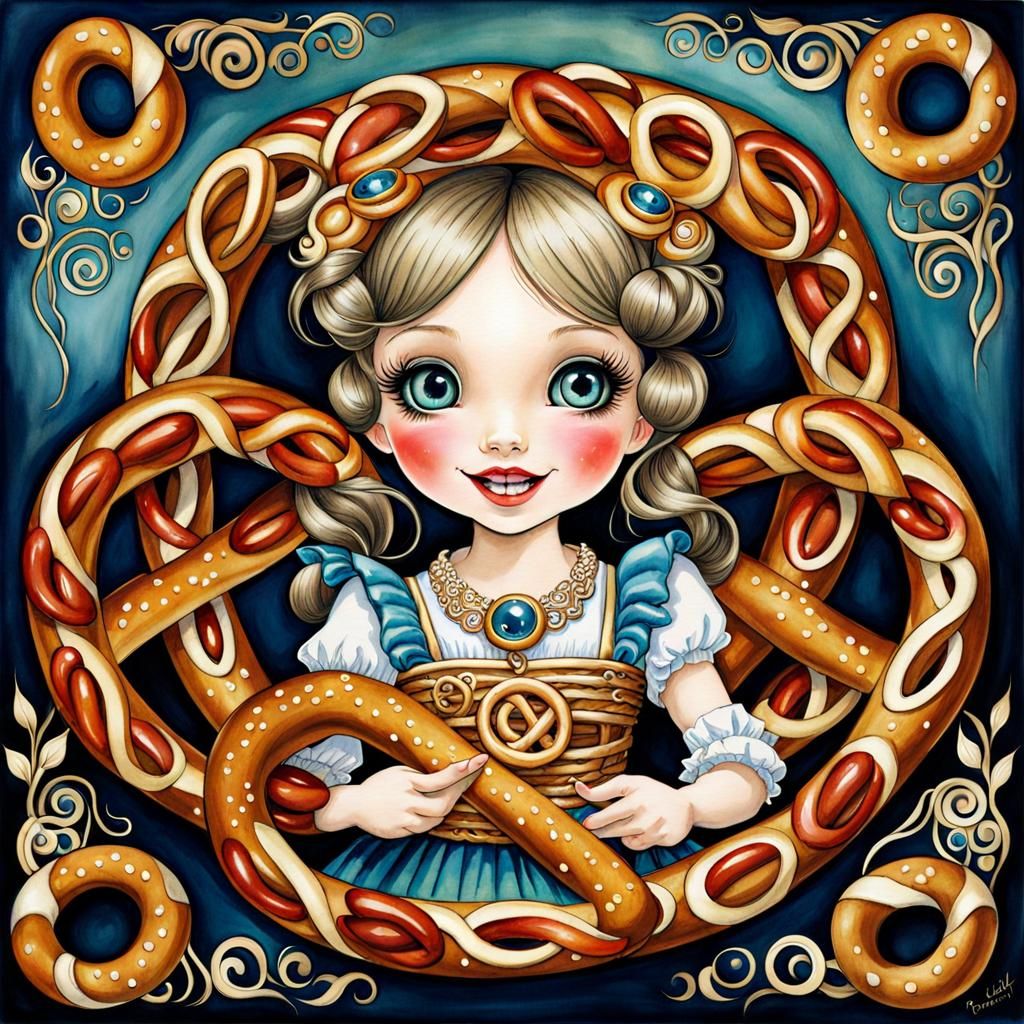 Pretzel Girl Portrait in Watercolor Style