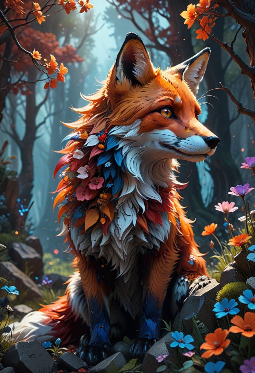 Surreal Pop Art Fox in Vibrant Love Forest
