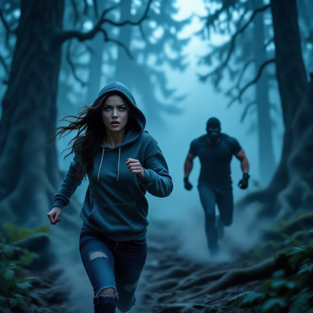 Terrified Woman Running from Masked Man in Foggy Forest