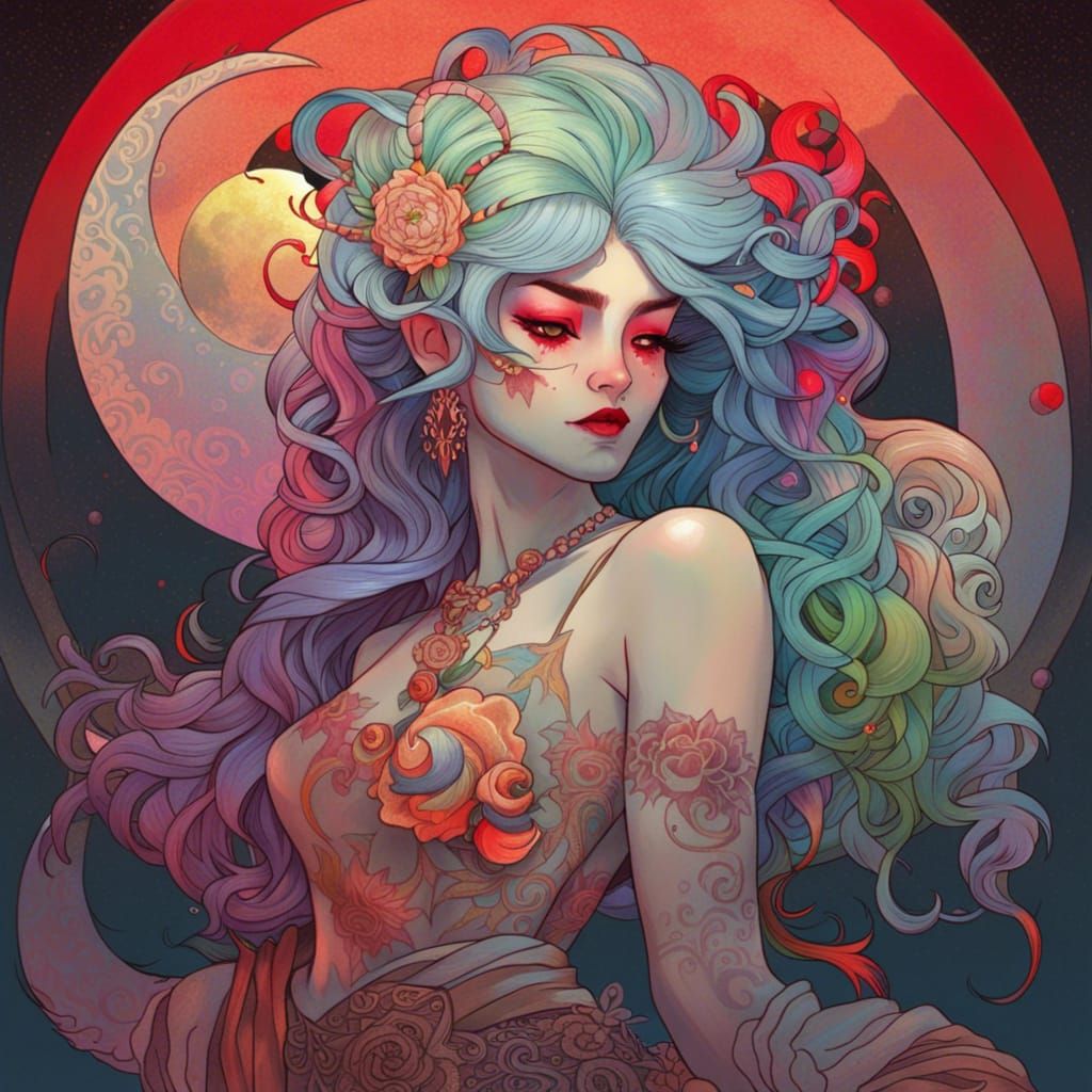 Stunning Oni Girl with Moon and Sun, Loish Style