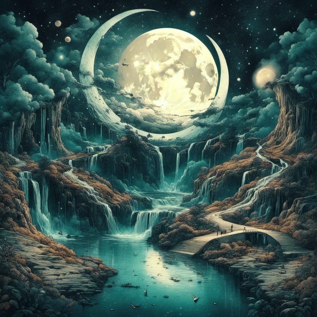 Surreal Landscape with Crescent Moon and Waterfalls