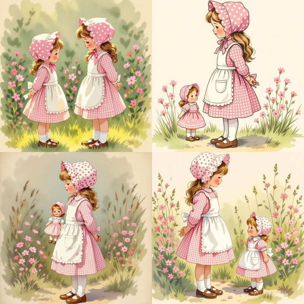 Vintage Illustration Of A Girl With Doll In Garden