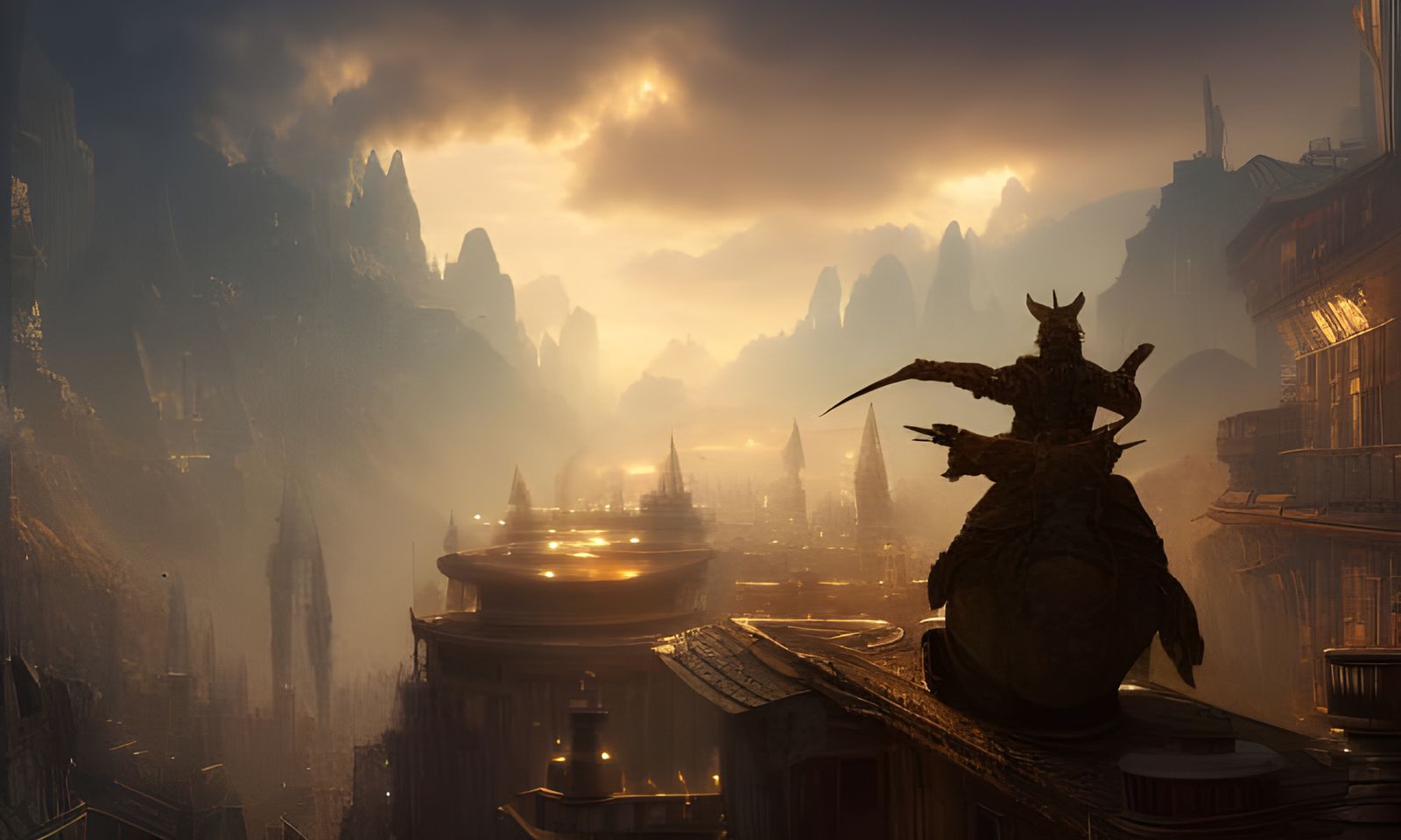 Steampunk Lizard Warrior in Hyper-Realistic Cityscape