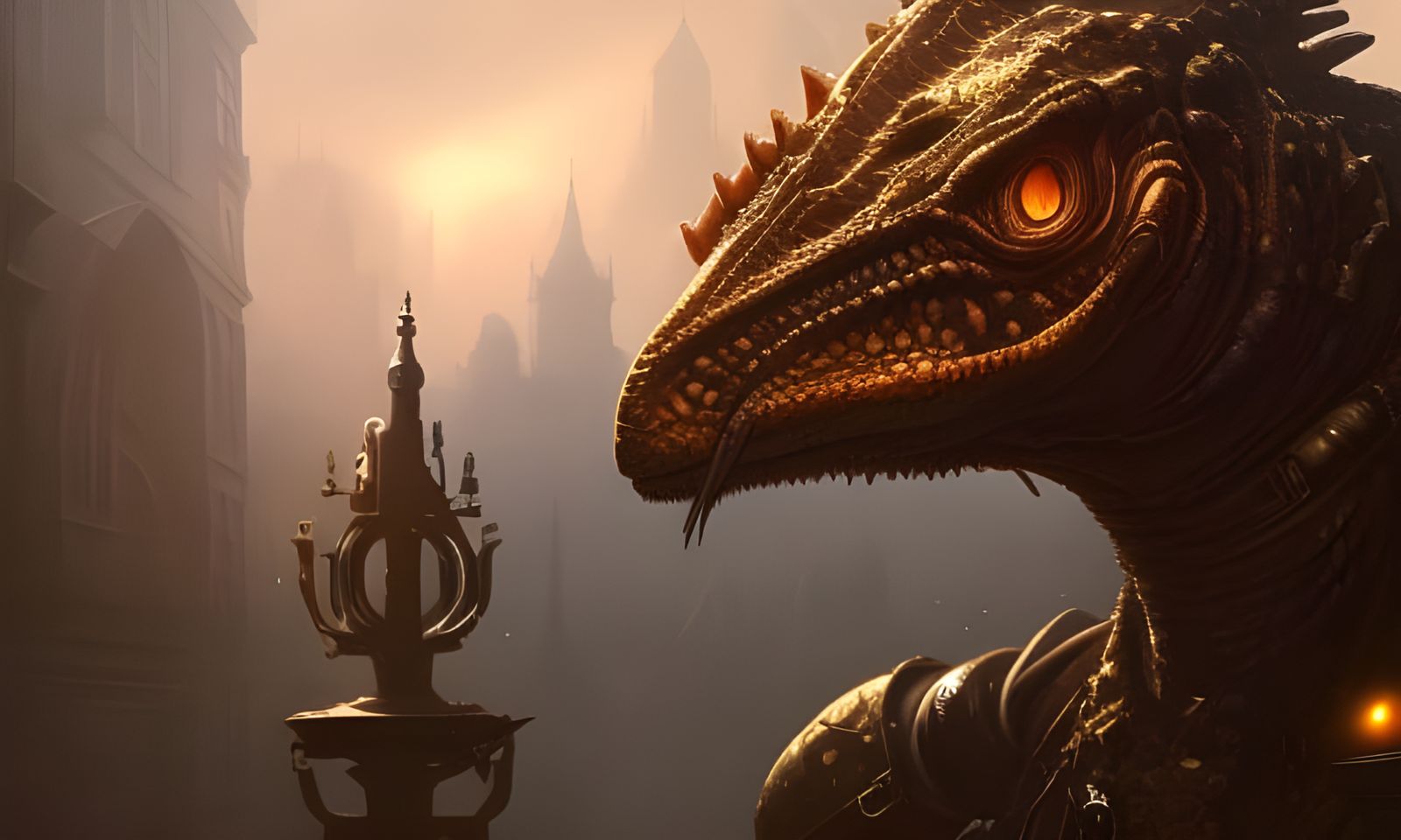 Steampunk Lizard Warrior in Hyper-Realistic Cityscape