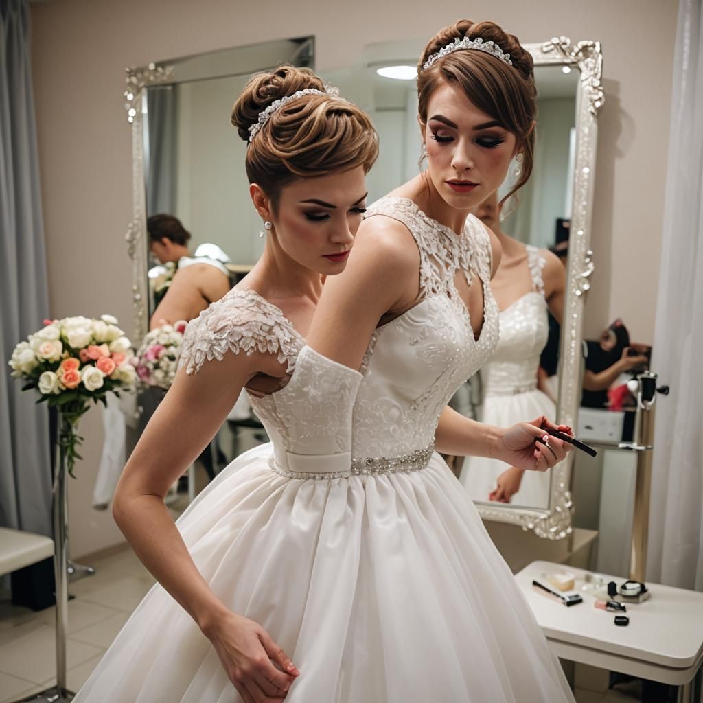 Bodybuilder in Bridal Dress Applying Makeup