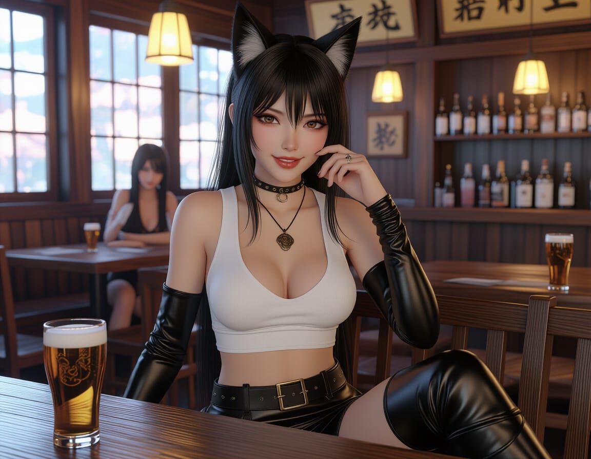 Kitsune Woman Drinking at Tavern, Fantasy Concept Art
