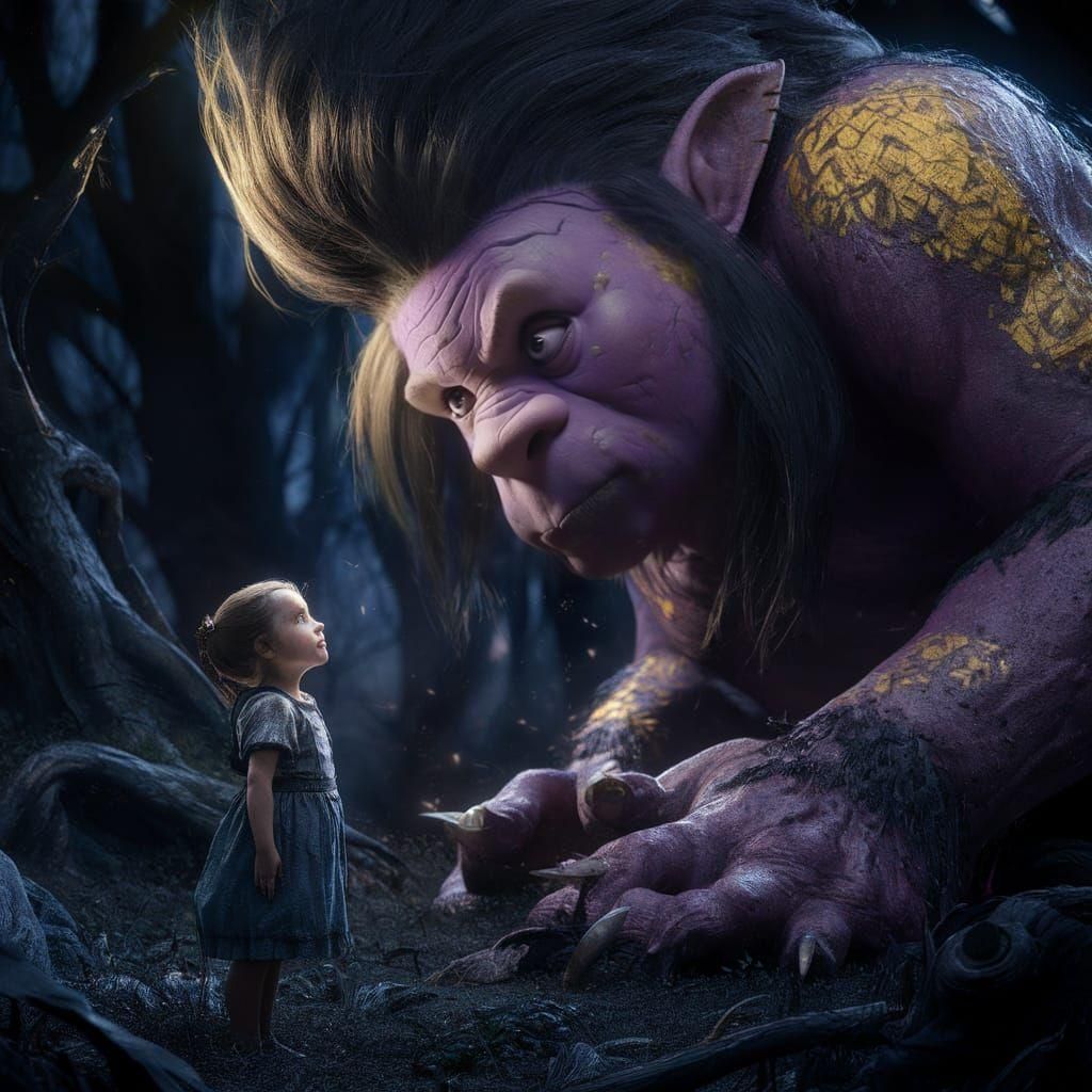 Enchanted Forest: Girl and Troll in Dark Fantasy Art