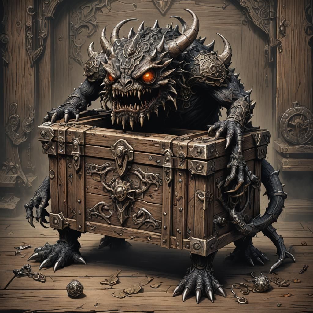 A captivating dark fantasy illustration of a wooden chest mi...