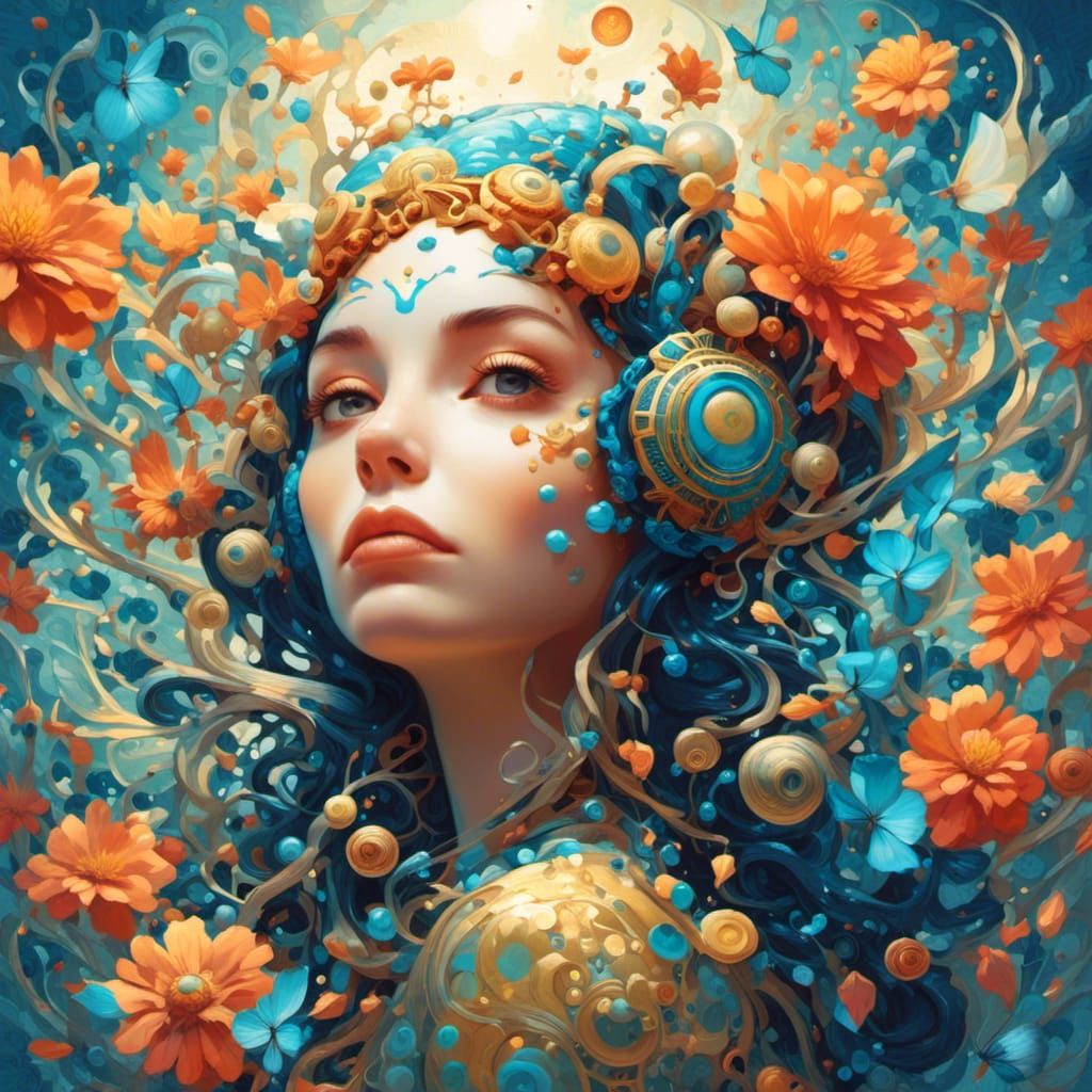 Cosmic Pink Portrait in Art Nouveau Style