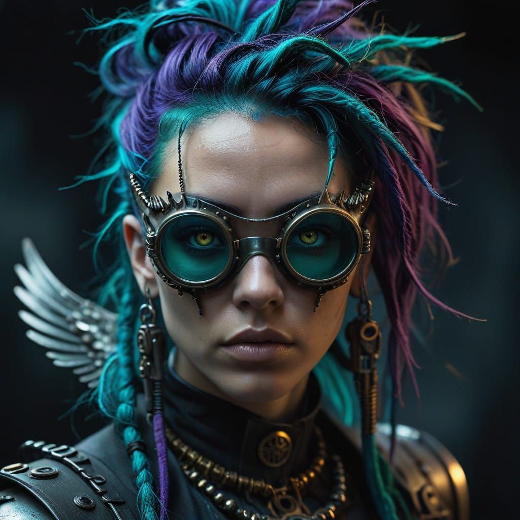 Cyberpunk Goddess in Teal and Purple Hues