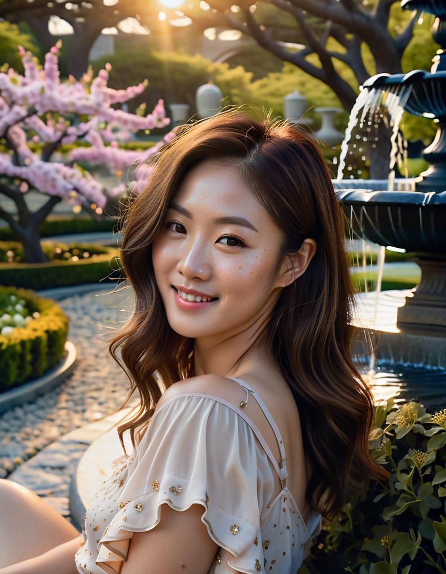 Korean Woman in Garden, Renaissance Oil Painting