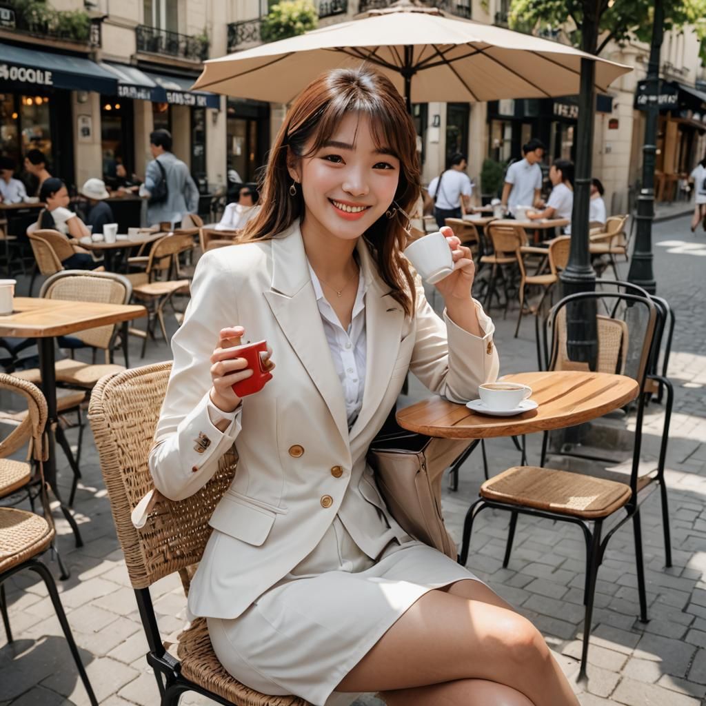 paris,street,outdoor cafe,parasol,table((coffee cups(straw),laptop,book,cellphone)),shoulder bag,
20 yo, 1 girl, beautif...