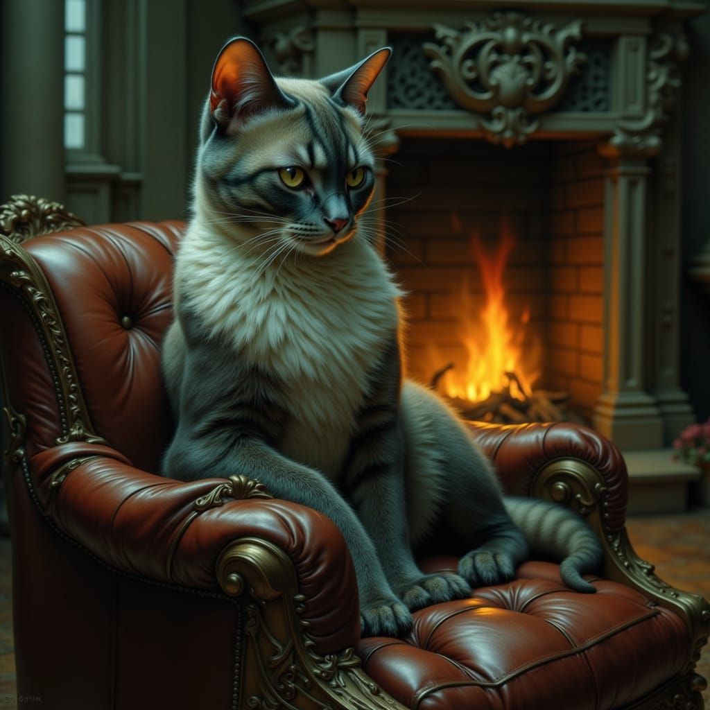 Regal Siamese Cat by Fireplace in Matte Painting Style