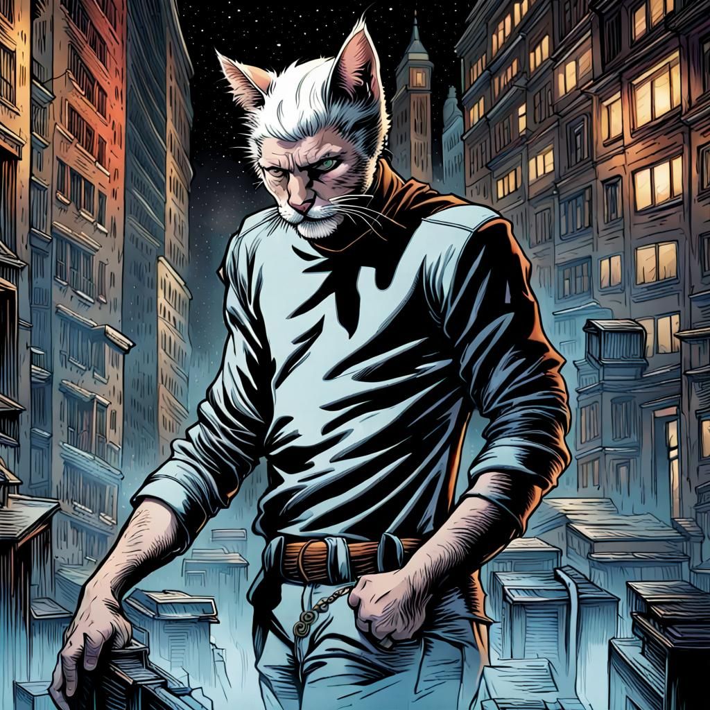 Cat Man Portrait in Comic Book Art Style