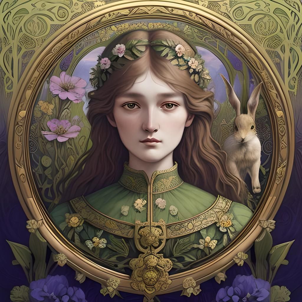 Spring Goddess with Bunny in Art Nouveau Frame