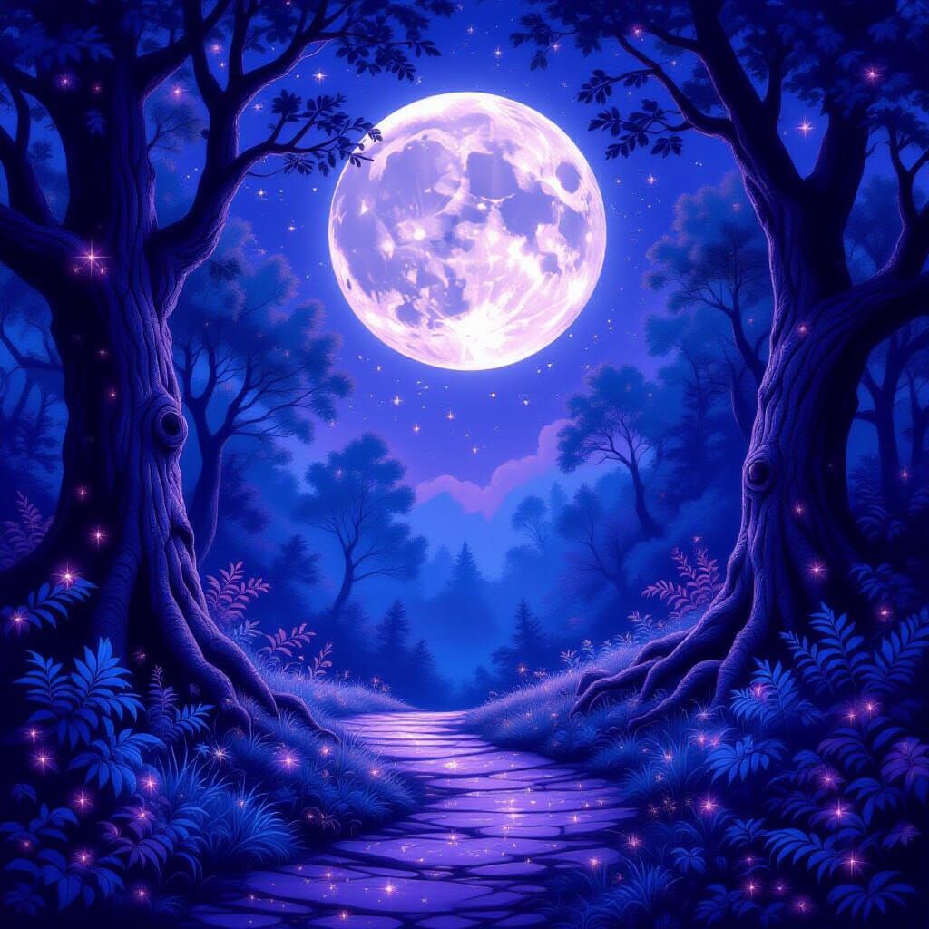 Stardust Path Through Violet Forest Under Luminous Moon
