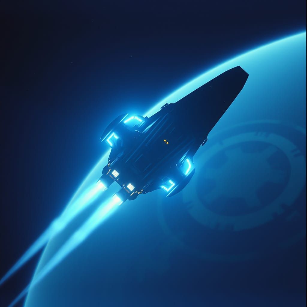 Dramatic Spaceship with Blue Lights in Space