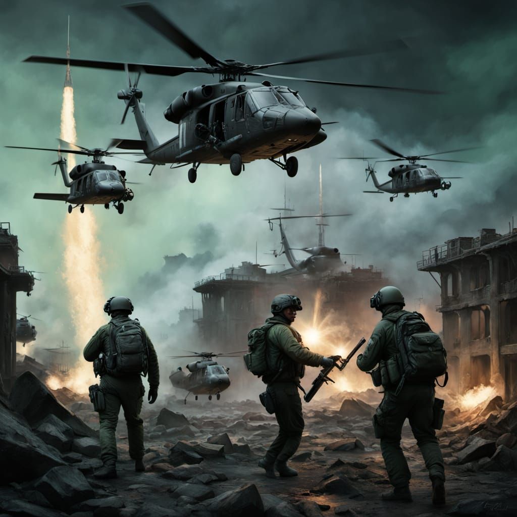 Blackhawk Helicopters Over Warzone, Oil Painting