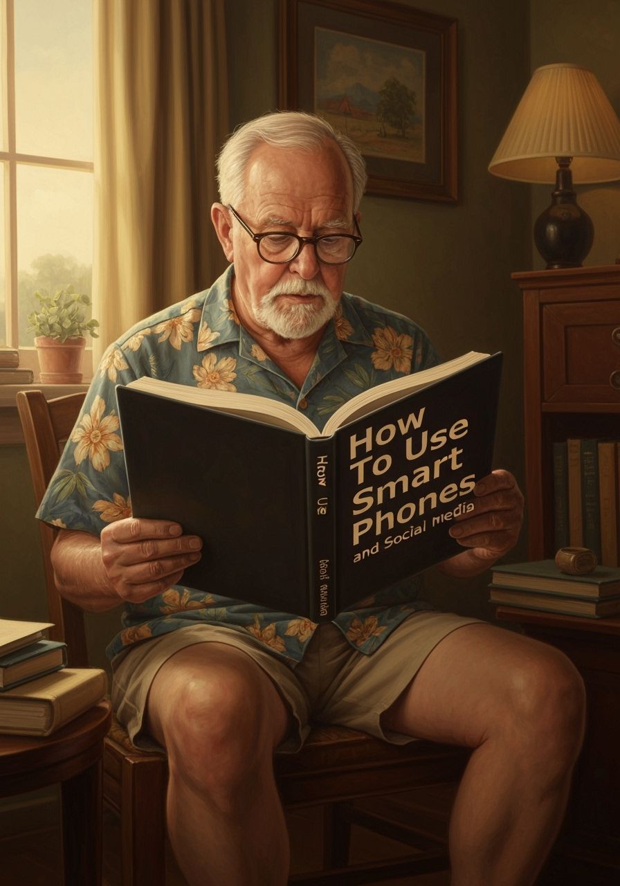 Old Man Reads Smartphone Guide: Nostalgic Oil Painting