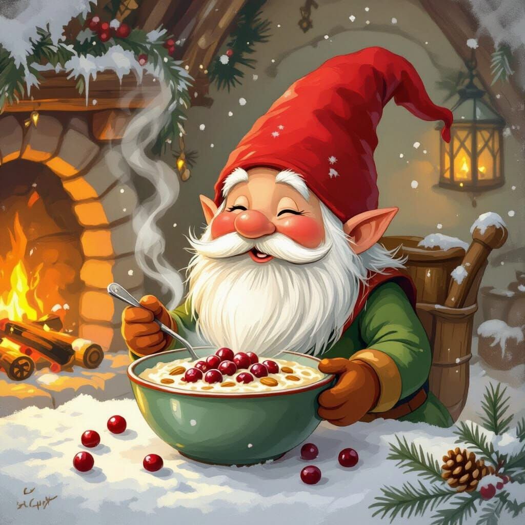 Cheerful Gnome Enjoys Festive Christmas Porridge in Cozy Cot...
