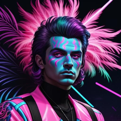 Synthwave Man with Rainbow Leopard Print and Feathers