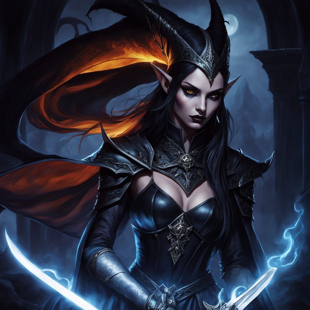 Dark Elf Witch with Dagger in Dark Fantasy Art