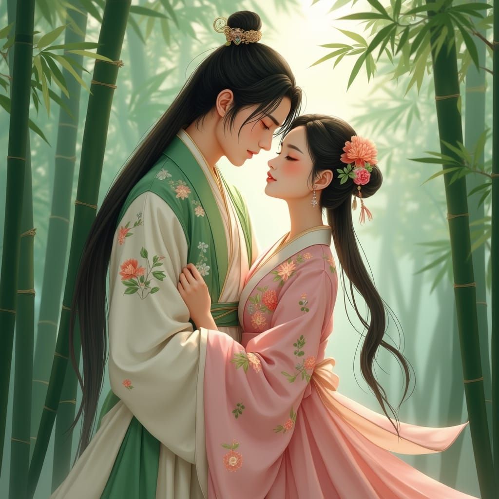Romantic Chinese Anime Scene in Misty Bamboo Forest