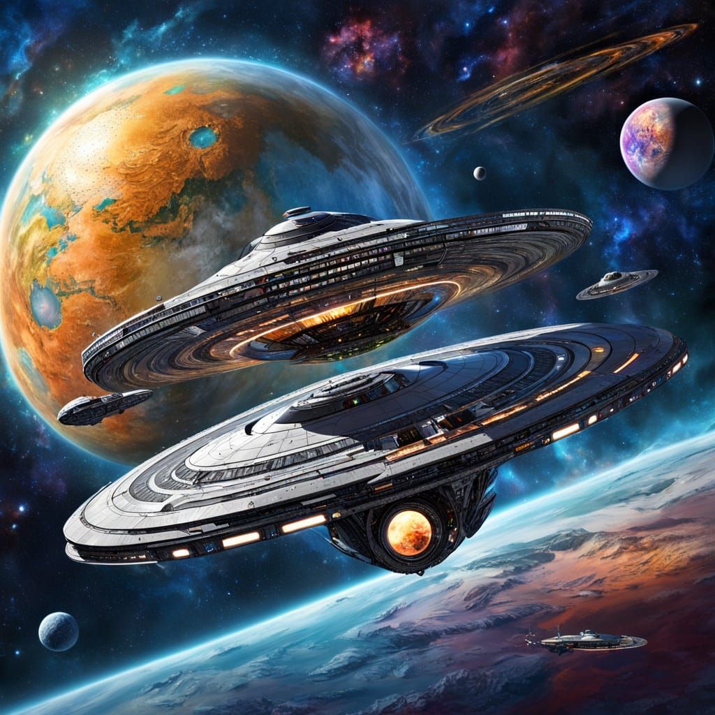 Galaxy Class Starship near Ringed Planet