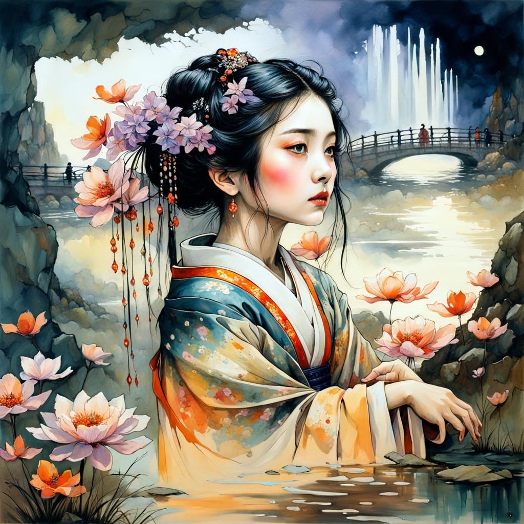 Korean Princess in Ancient Japanese Street Scene, Dark Fanta...