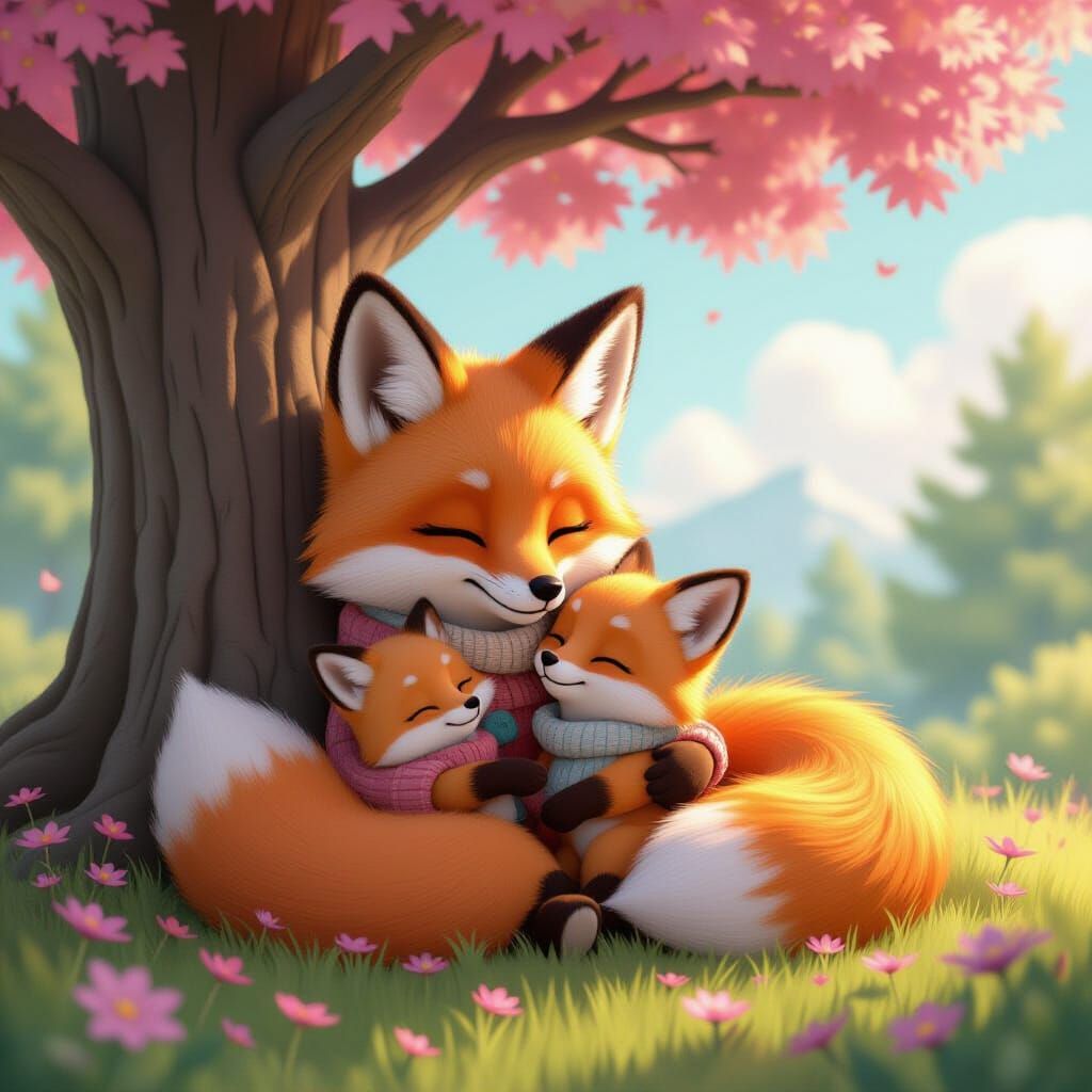 Fox Family Cuddling Under Tree in Anime Style