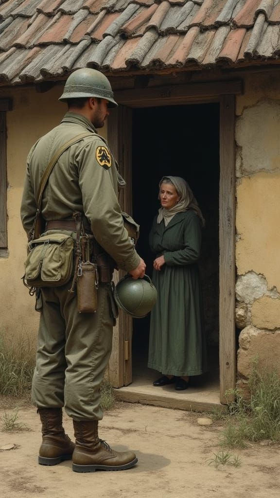 A Soldier's Somber Moment in a Rural Village