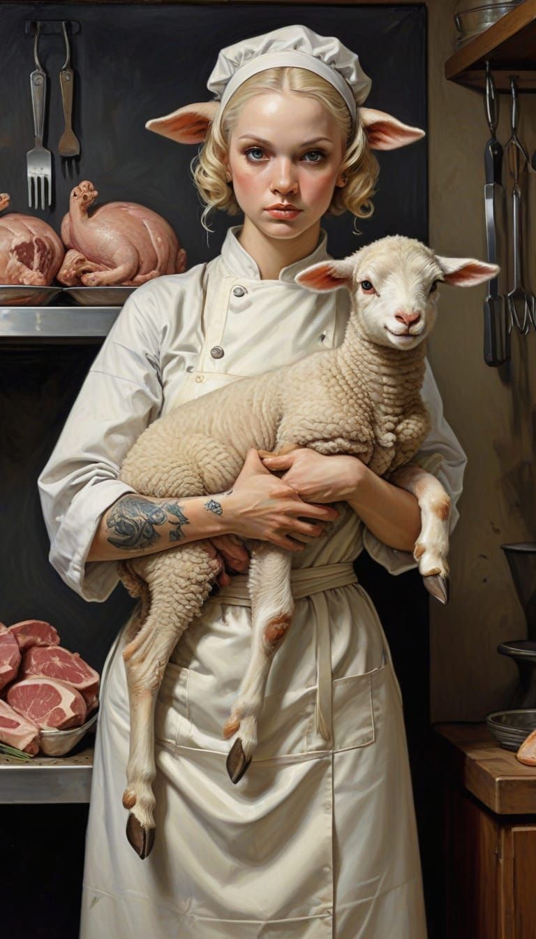 Anthropomorphic Lamb Butcher in J.C. Leyendecker Style
