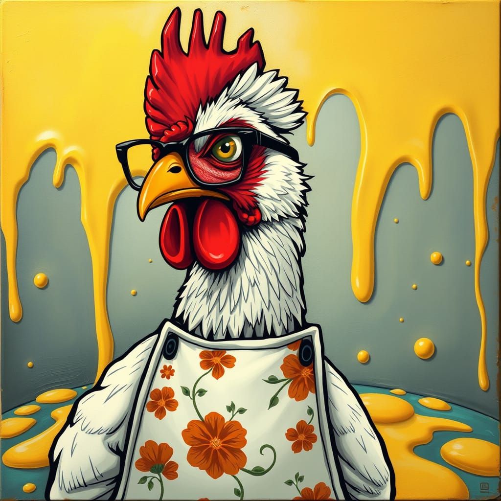 Granny Chicken with Dubious Stare, Surrealist Cartoon Art