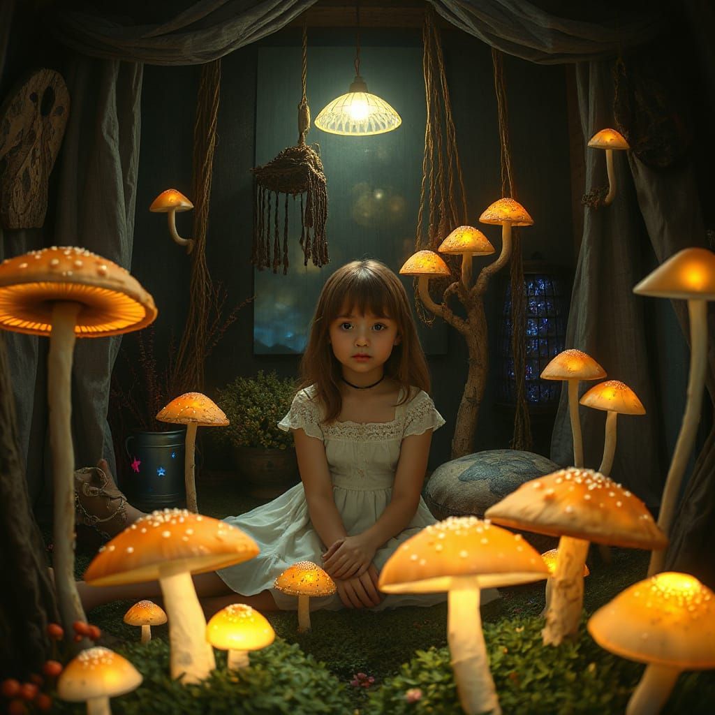Whimsical Woman Amidst Vibrant Mushrooms in Earthy, Organic ...