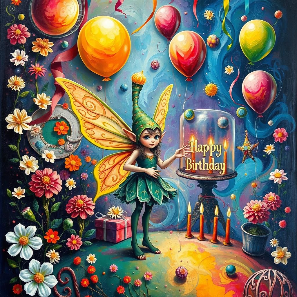 Surreal Fairy Elf Birthday in Impasto Style