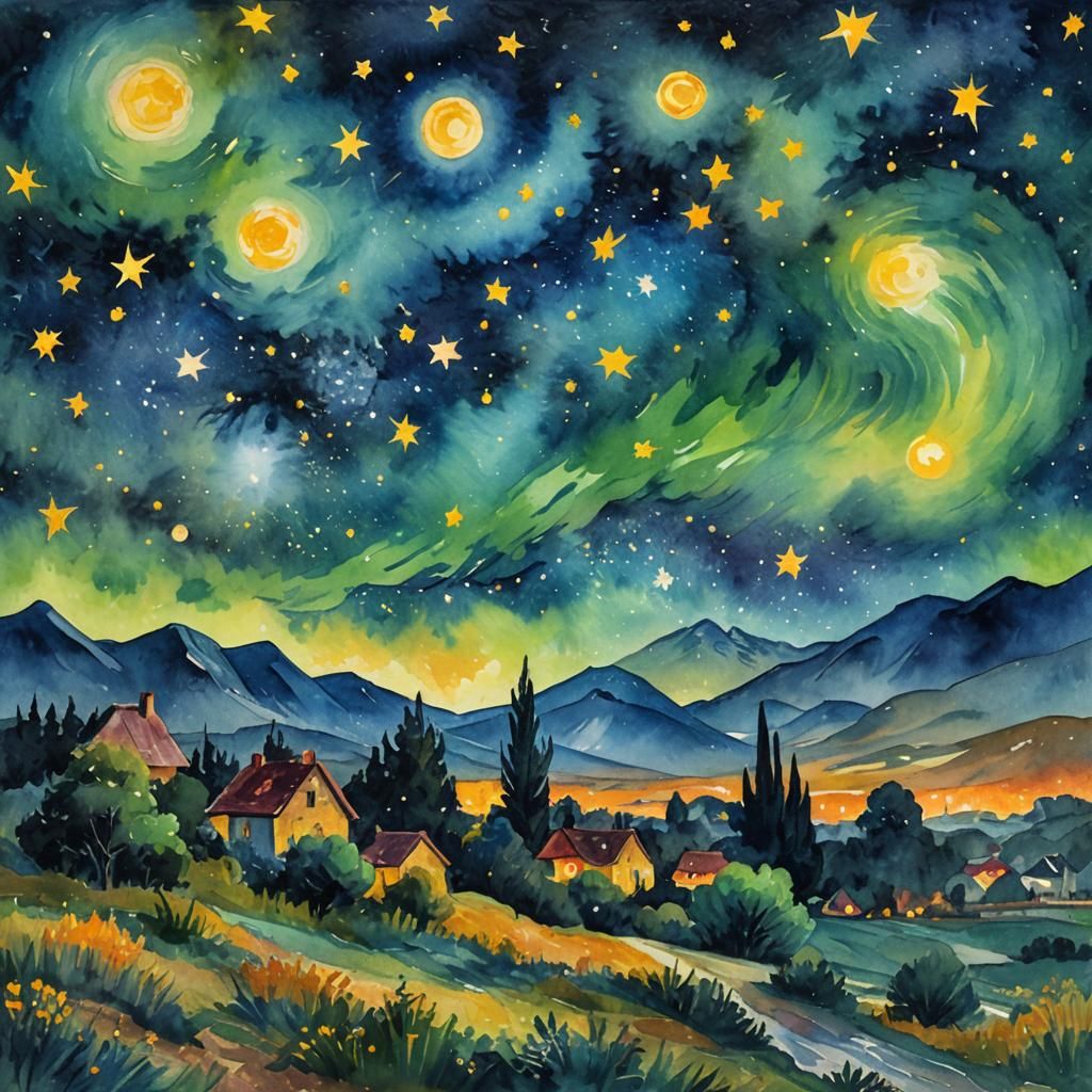 Impressionist Starry Night in Gouache Style