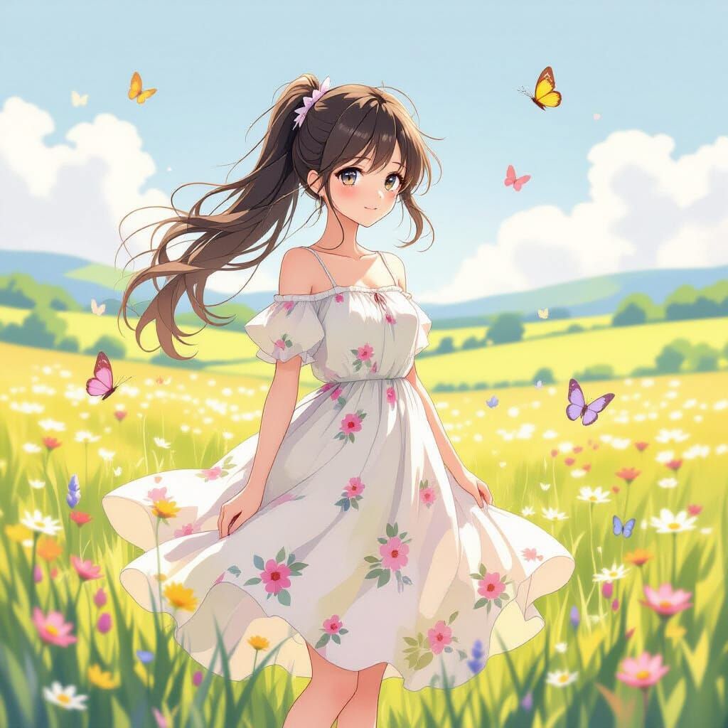 Anime Girl in Sun-Drenched Meadow, Watercolor Style