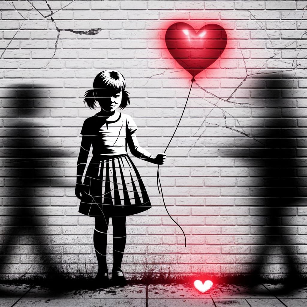 Girl With Red Balloon: Monochrome Graffiti Street Art