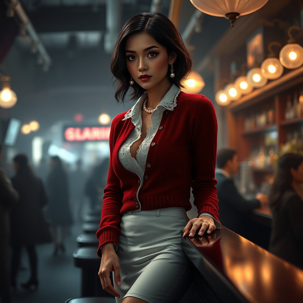 Brunette in Red Cardigan Leaning on Bar
