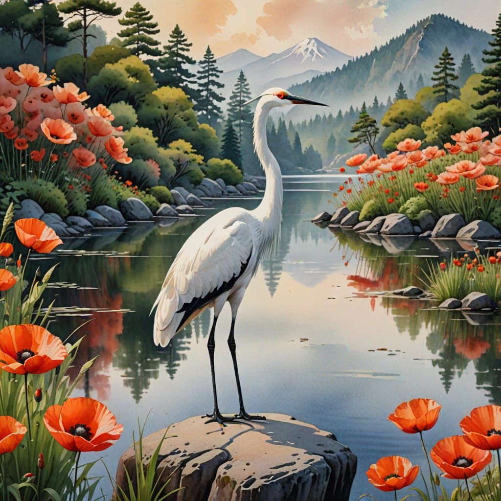 Serene Japanese Watercolor Crane by Lake with Poppies