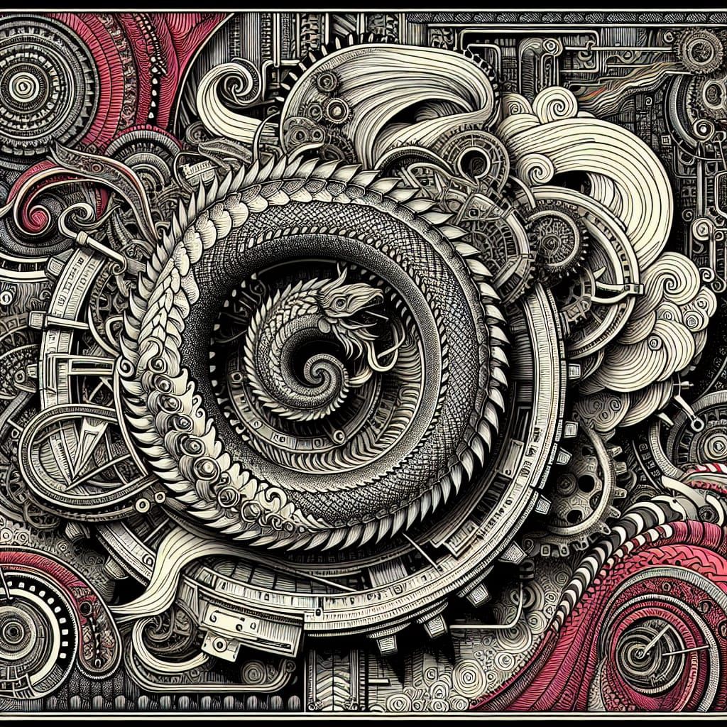 Psychedelic Steampunk Ouroboros with Zentangle Patterns