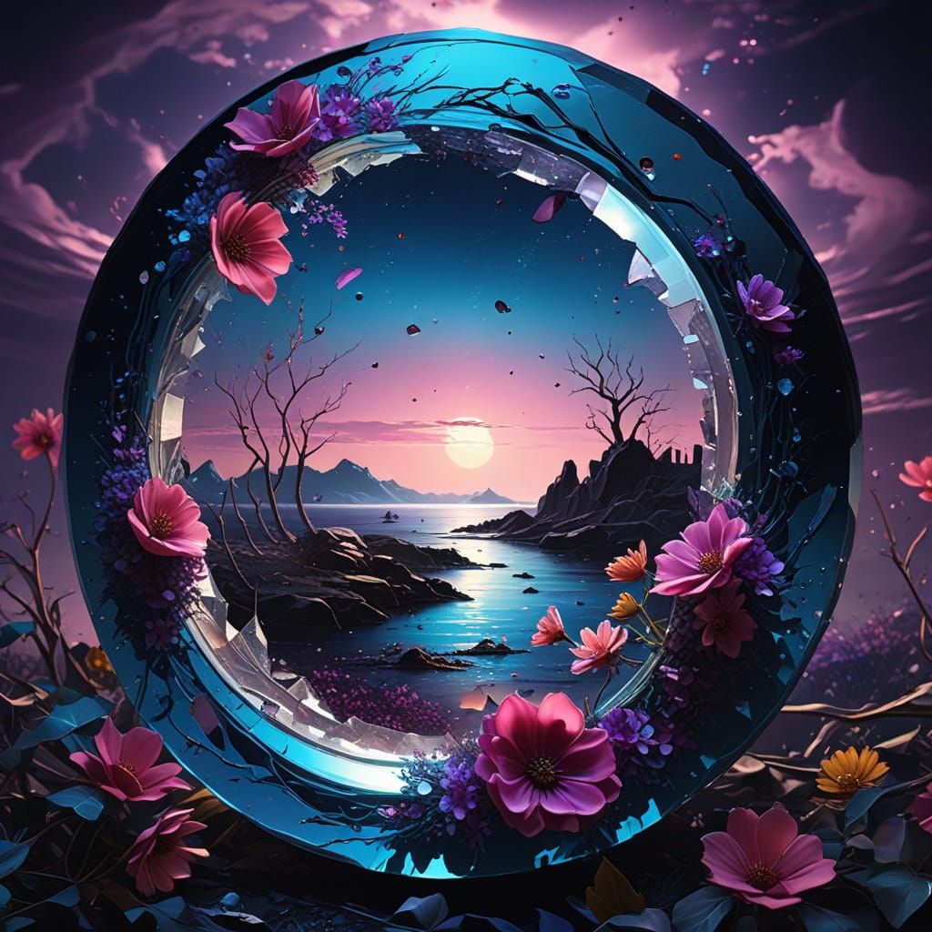 Surreal Moonlight Torus with Flowers in Broken Glass
