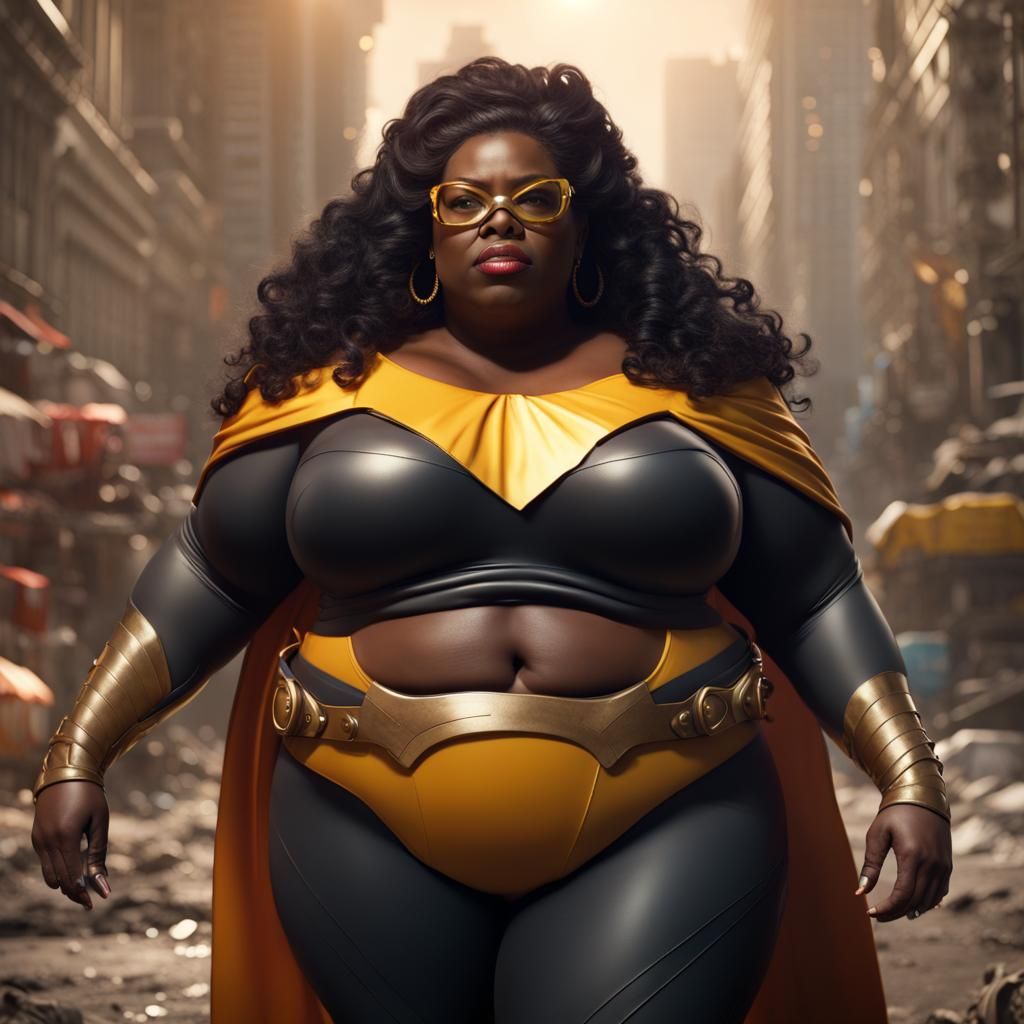 Overweight Black Woman Superhero in Detailed Digital Paintin...