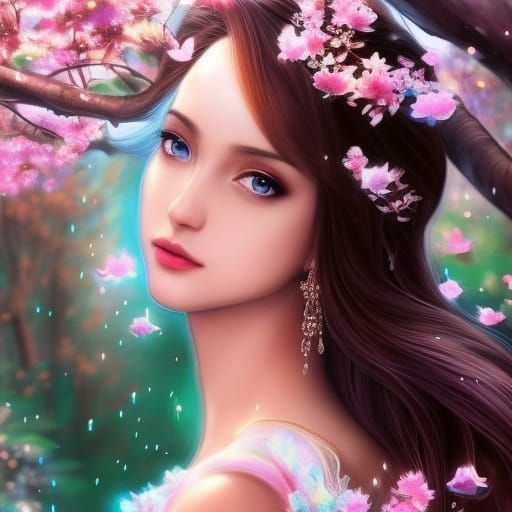 Romantic Cherry Blossom Meeting: Fantasy Watercolor Art