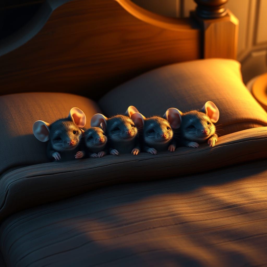 Mice Slumber on a Majestic Wooden Bed in a Fantastical Setti...